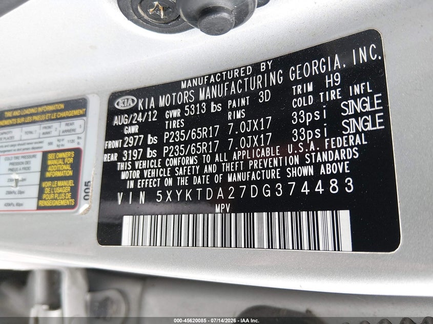 2013 Kia Sorento VIN 5XYKTDA27DG374483 IAAI salvage auction — NORMAL WEAR, Clear (Louisiana), sold $375 on 2026-07-29 (photo 9)