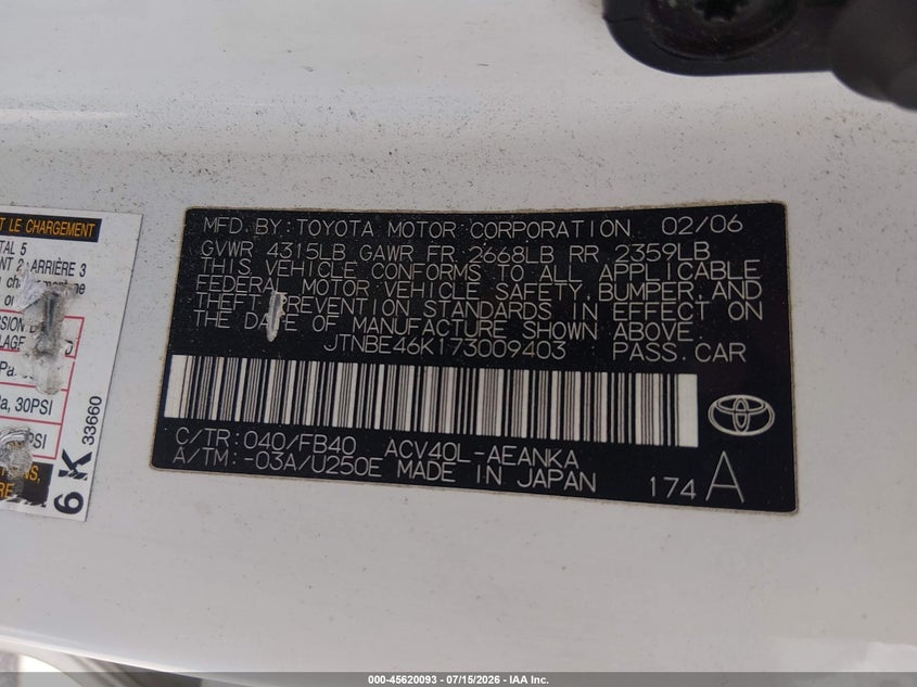 2007 Toyota Camry VIN JTNBE46K173009403 IAAI salvage auction — NORMAL WEAR, Original (Texas), sold $425 on 2026-07-29 (photo 9)