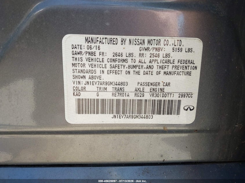 2016 Infiniti Q50 VIN JN1EV7AR9GM344803 IAAI salvage auction — NORMAL WEAR, Clear-Dealer Only (Utah), sold $5,450 on 2026-07-29 (photo 9)