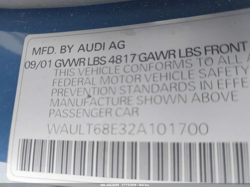 2002 Audi A4 VIN WAULT68E32A101700 IAAI salvage auction — NORMAL WEAR, Clear - Dealer Only (California), sold $200 on 2026-07-29 (photo 9)