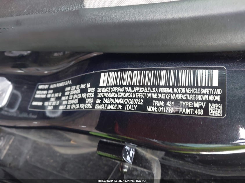 2019 Alfa romeo Stelvio VIN ZASPAJANXK7C50732 IAAI salvage auction — NORMAL WEAR, Clear (Alabama), sold $2,900 on 2026-08-05 (photo 9)