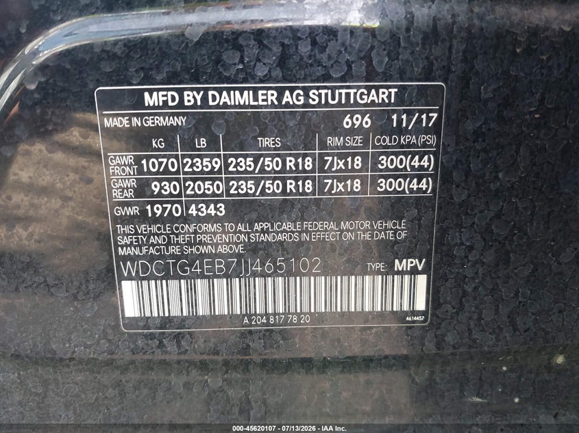 2018 Mercedes-benz Gla-klasse VIN WDCTG4EB7JJ465102 IAAI salvage auction — NORMAL WEAR, Clear (Hawaii), sold $1,050 on 2026-07-21 (photo 9)