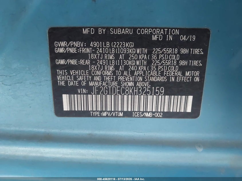 2019 Subaru Xv VIN JF2GTDEC8KH325159 IAAI salvage auction — NORMAL WEAR, Clear - Dealer Only (California), sold $4,825 on 2026-07-28 (photo 9)