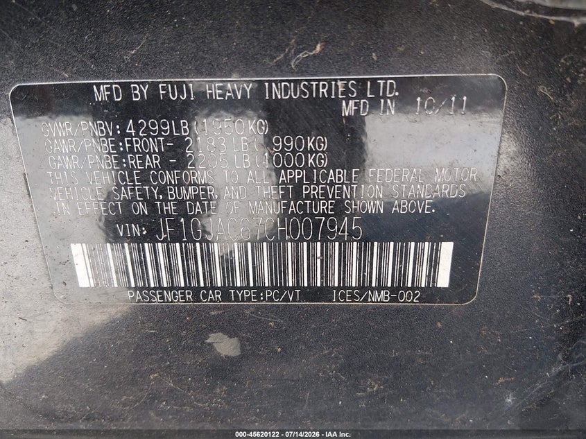 2012 Subaru Impreza VIN JF1GJAC67CH007945 IAAI salvage auction — NORMAL WEAR, Affidavit In Lieu Of Title - Non-Public (Washington), sold $475 on 2026-07-29 (photo 9)