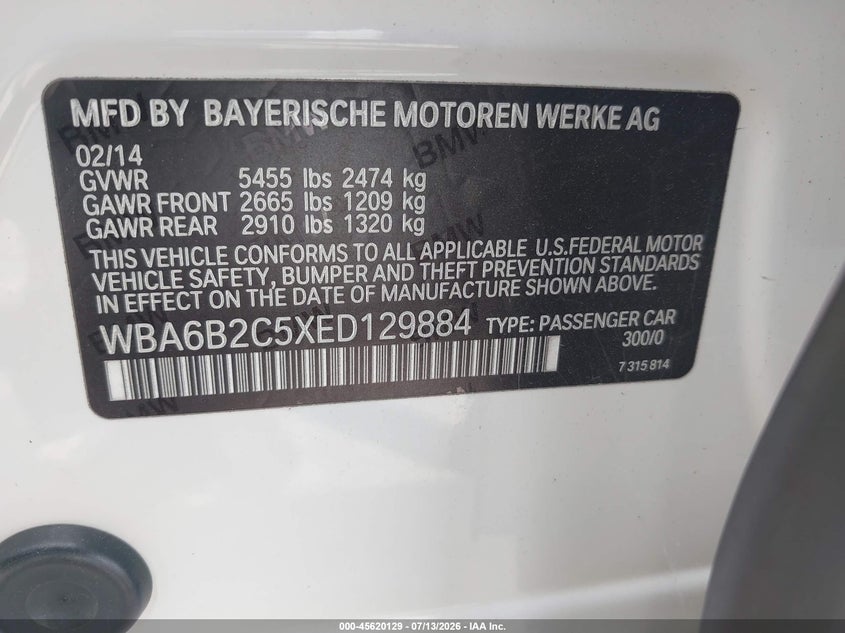 2014 BMW 6 series VIN WBA6B2C5XED129884 IAAI salvage auction — NORMAL WEAR, Original (Texas), sold $4,150 on 2026-08-03 (photo 9)