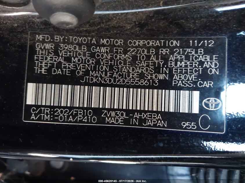 2013 Toyota Prius VIN JTDKN3DU2D5558613 IAAI salvage auction — NORMAL WEAR, Clear - Dealer Only (California), sold $225 on 2026-07-28 (photo 9)