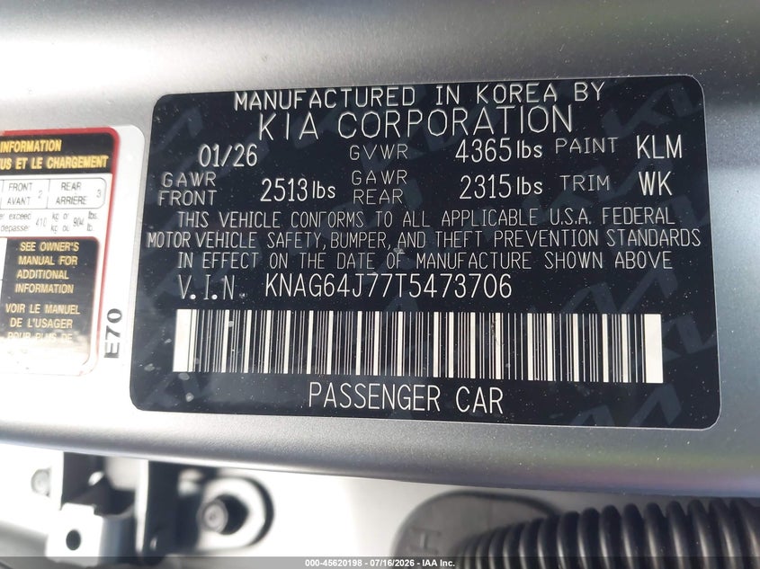 2026 Kia K5 VIN KNAG64J77T5473706 IAAI salvage auction — REAR END, Wait Title, sold $9,900 on 2026-08-23 (photo 9)