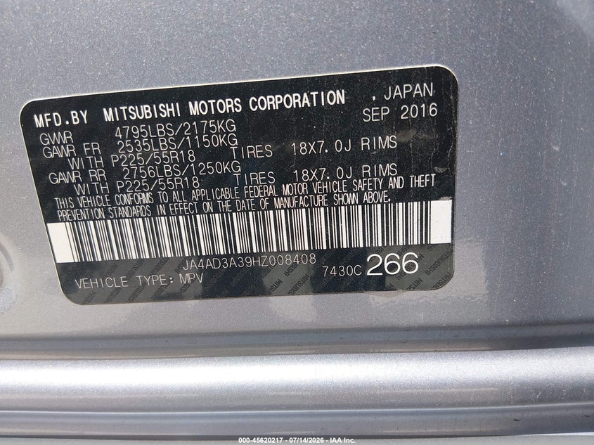 2017 Mitsubishi Outlander VIN JA4AD3A39HZ008408 IAAI salvage auction — NORMAL WEAR, Original (Texas), sold $2,650 on 2026-08-03 (photo 9)
