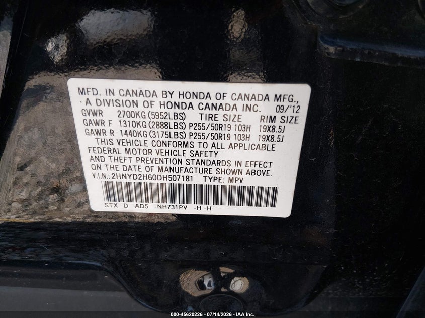 2013 Acura Mdx VIN 2HNYD2H60DH507181 IAAI salvage auction — FRONT END, Clear (Arkansas), sold $150 on 2026-09-03 (photo 9)