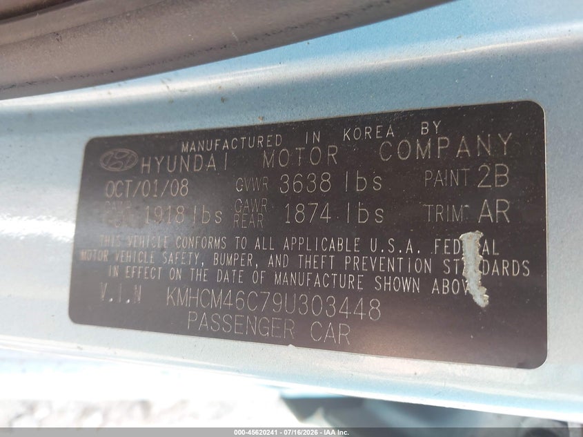 2009 Hyundai Accent VIN KMHCM46C79U303448 IAAI salvage auction — NORMAL WEAR, Clear (Tennessee), sold $25 on 2026-07-23 (photo 9)