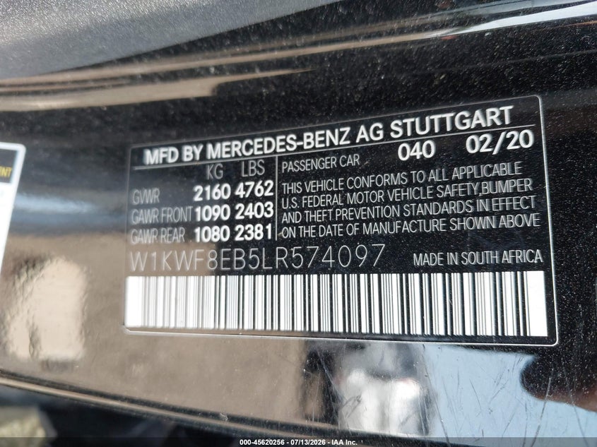 2020 Mercedes-benz C-klasse VIN W1KWF8EB5LR574097 IAAI salvage auction — NORMAL WEAR, Clear (New York), sold $10,425 on 2026-07-28 (photo 9)