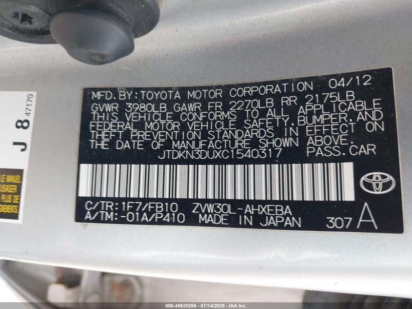 2012 Toyota Prius VIN JTDKN3DUXC1540317 IAAI salvage auction — NORMAL WEAR, Clear (Pennsylvania), sold $1,525 on 2026-07-31 (photo 9)