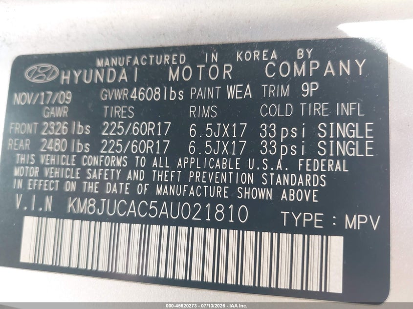 2010 Hyundai Tucson VIN KM8JUCAC5AU021810 IAAI salvage auction — NORMAL WEAR, Clear (Indiana), sold $1,925 on 2026-07-15 (photo 9)