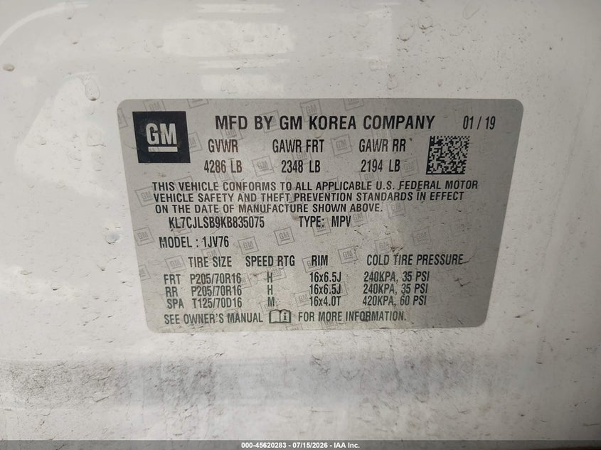 2019 Chevrolet Trax VIN KL7CJLSB9KB835075 IAAI salvage auction — NORMAL WEAR, Repossession Paperwork (South Carolina), sold $1,550 on 2026-07-28 (photo 9)