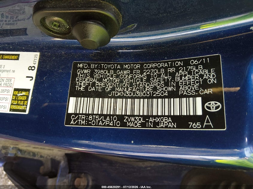 2011 Toyota Prius VIN JTDKN3DU3B0312504 IAAI salvage auction — FRONT END, Bill Of Sale (New York), sold $25 on 2026-07-28 (photo 9)
