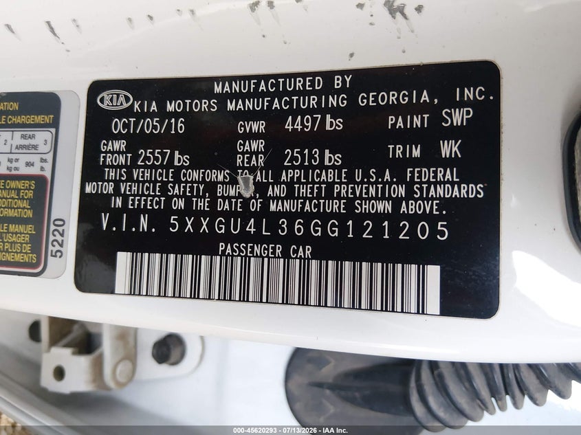2016 Kia Optima VIN 5XXGU4L36GG121205 IAAI salvage auction — NORMAL WEAR, Restored (Arizona), sold $1,050 on 2026-07-28 (photo 9)