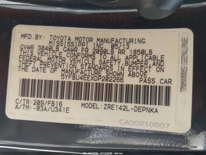 2013 Toyota Corolla VIN 5YFBU4EEXDP202266 IAAI salvage auction — NORMAL WEAR, Clear (Florida), sold $375 on 2026-07-23 (photo 9)