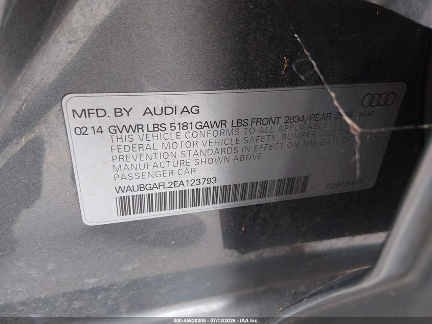 2014 Audi S4 VIN WAUBGAFL2EA123793 IAAI salvage auction — NORMAL WEAR, Clear (Texas), sold $1,200 on 2026-07-30 (photo 9)