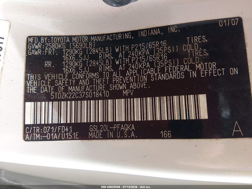 2007 Toyota Sienna VIN 5TDZK22C37S018410 IAAI salvage auction — NORMAL WEAR, Clear (Alabama), sold $550 on 2026-07-30 (photo 9)
