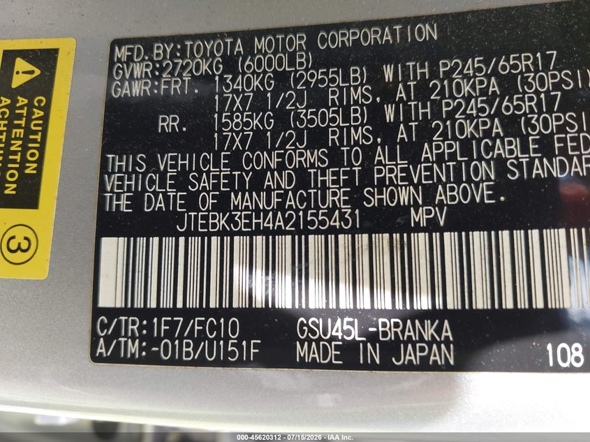 2010 Toyota Highlander VIN JTEBK3EH4A2155431 IAAI salvage auction — MECHANICAL, Clear (Florida), sold $1,150 on 2026-07-30 (photo 9)