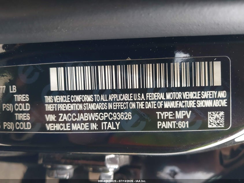 2016 Jeep Renegade VIN ZACCJABW5GPC93626 IAAI salvage auction — REAR END, Salvage Title, sold $1,300 on 2026-08-01 (photo 9)