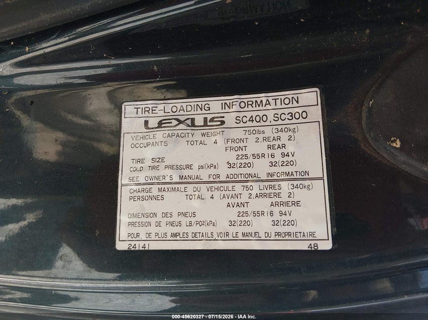 1996 Lexus Sc VIN JT8CH32Y8T0051288 IAAI salvage auction — NORMAL WEAR, Clear (Alabama), sold $225 on 2026-07-30 (photo 9)