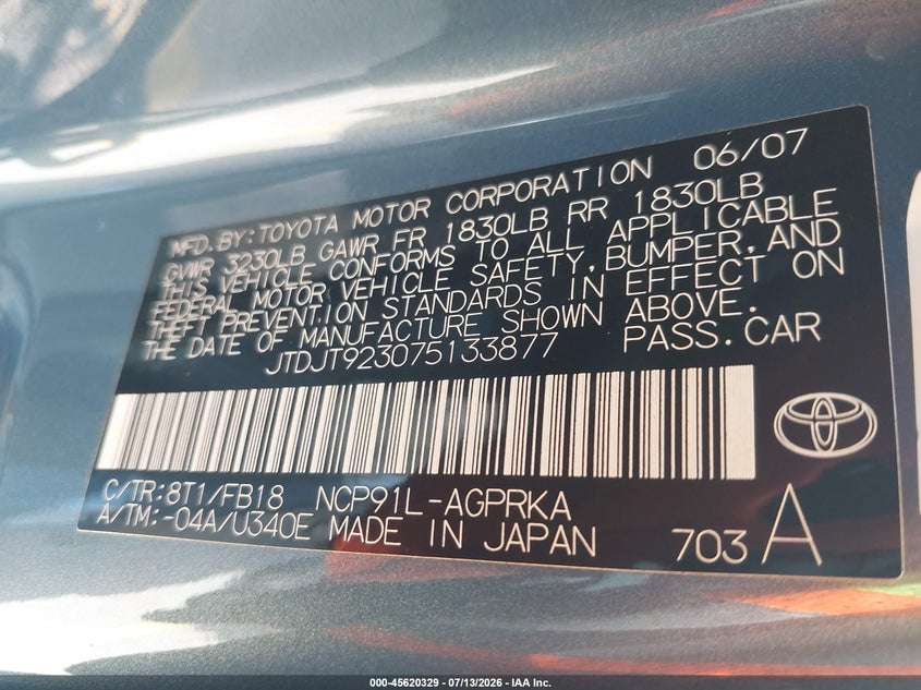 2007 Toyota Yaris VIN JTDJT923075133877 IAAI salvage auction — NORMAL WEAR, Clear (Florida), sold $1,050 on 2026-07-16 (photo 9)