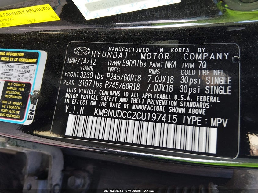 2012 Hyundai Veracruz VIN KM8NUDCC2CU197415 IAAI salvage auction — LEFT REAR, Salvage Title, sold $475 on 2026-07-28 (photo 9)