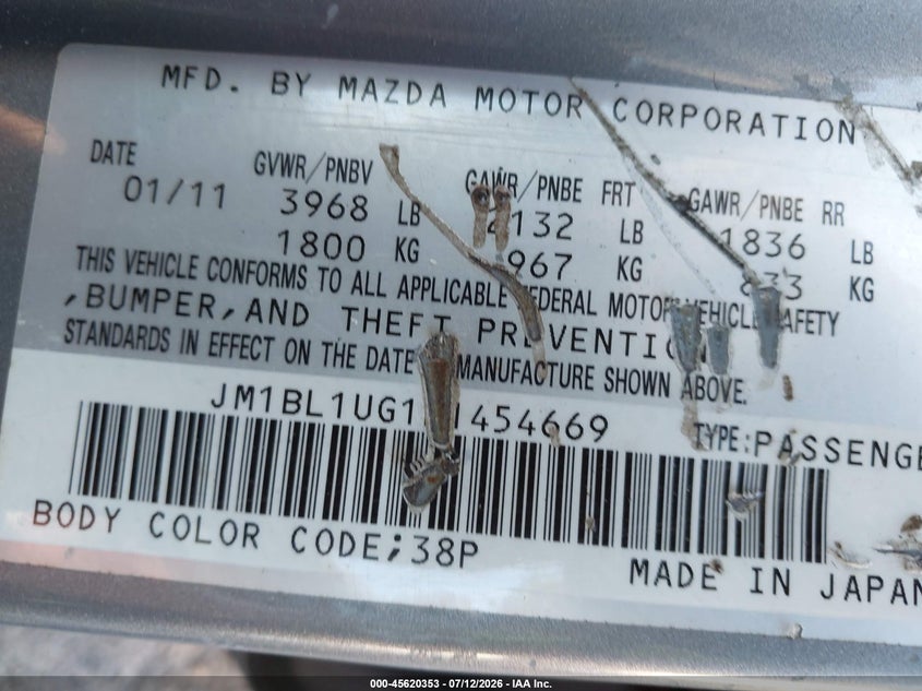 2011 Mazda 3 VIN JM1BL1UG1B1454669 IAAI salvage auction — LEFT REAR, Bill Of Sale (New York), sold $25 on 2026-07-28 (photo 9)