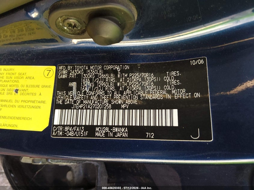 2007 Toyota Highlander VIN JTEHP21A270201258 IAAI salvage auction — UNKNOWN, Bill Of Sale (New York), sold $25 on 2026-07-28 (photo 9)