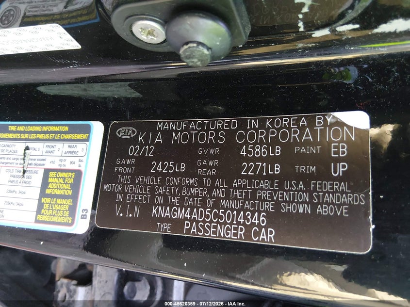 2012 Kia Optima VIN KNAGM4AD5C5014346 IAAI salvage auction — FRONT & REAR, Salvage Title, sold $25 on 2026-07-28 (photo 9)