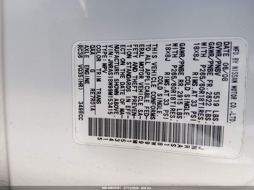 2009 Infiniti Fx35 VIN JNRAS18W99M153415 IAAI salvage auction — FRONT & REAR, Bill Of Sale (New York), sold $25 on 2026-07-28 (photo 9)