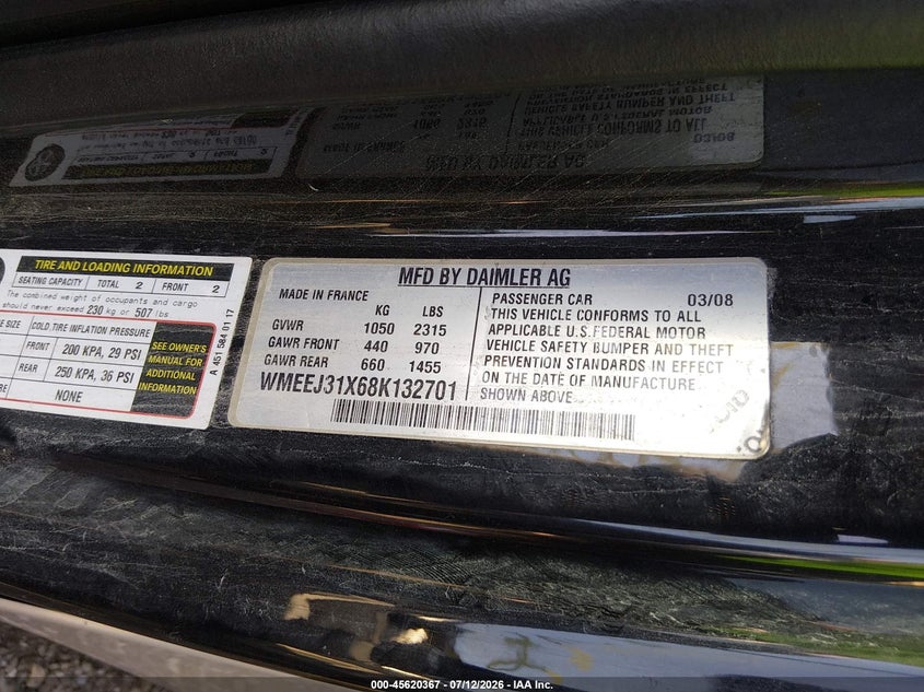 2008 Smart Fortwo VIN WMEEJ31X68K132701 IAAI salvage auction — FRONT END, Bill Of Sale (New York), sold $25 on 2026-07-28 (photo 9)