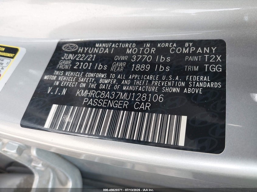 2021 Hyundai Venue VIN KMHRC8A37MU128106 IAAI salvage auction — NORMAL WEAR, Clear (New York), sold $2,100 on 2026-07-28 (photo 9)