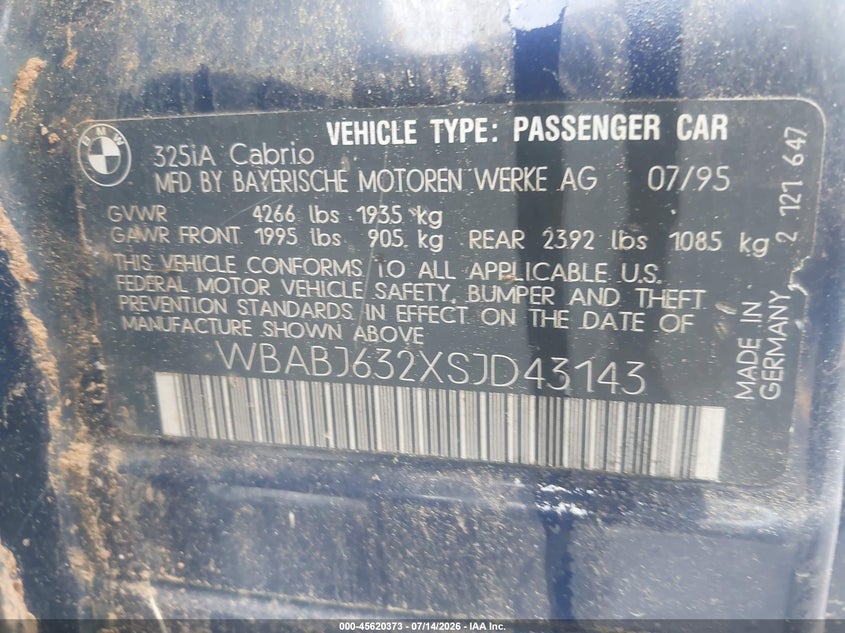 1995 BMW 3 series VIN WBABJ632XSJD43143 IAAI salvage auction — NORMAL WEAR, Clear (Georgia), sold $375 on 2026-07-29 (photo 9)