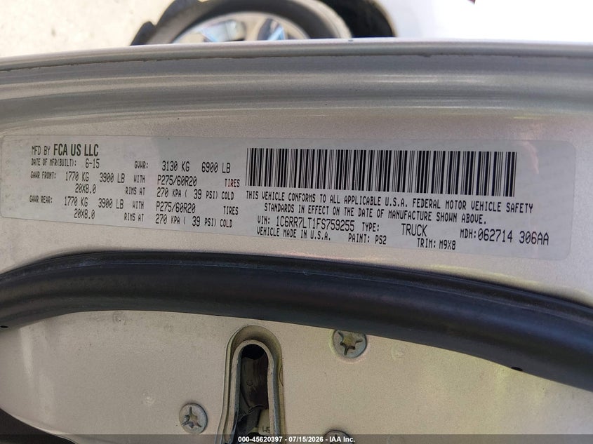 2015 Ram 1500 VIN 1C6RR7LT1FS759255 IAAI salvage auction — UNKNOWN, Salvage Title, sold $4,400 on 2026-08-22 (photo 9)