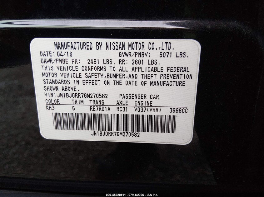 2016 Infiniti Qx50 VIN JN1BJ0RR7GM270582 IAAI salvage auction — NORMAL WEAR, Original (Kentucky), sold $2,150 on 2026-07-29 (photo 9)