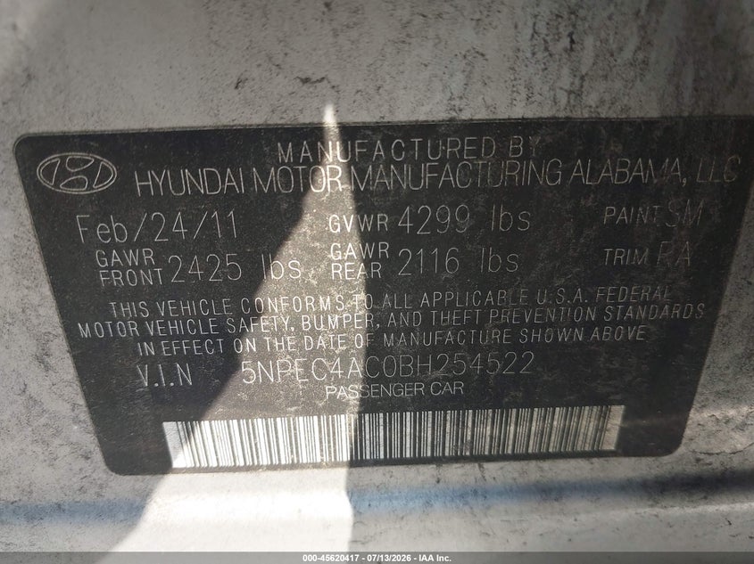 2011 Hyundai Sonata VIN 5NPEC4AC0BH254522 IAAI salvage auction — NORMAL WEAR, Clear (Pennsylvania), sold $875 on 2026-07-17 (photo 9)