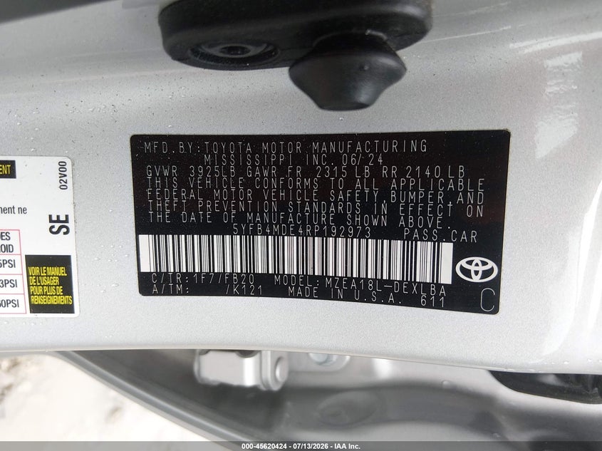 2024 Toyota Corolla VIN 5YFB4MDE4RP192973 IAAI salvage auction — UNKNOWN, Original (Ohio), sold $14,500 on 2026-07-20 (photo 9)