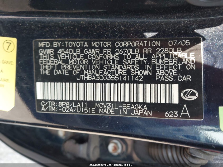 2005 Lexus Es 330 VIN JTHBA30G355141142 IAAI salvage auction — NORMAL WEAR, Clear (New Jersey), sold $700 on 2026-07-27 (photo 9)