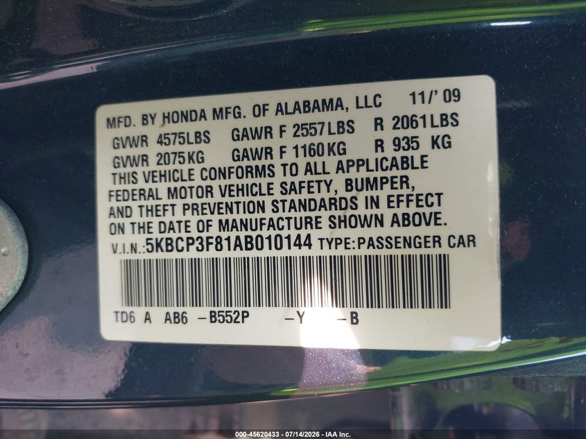 2010 Honda Accord VIN 5KBCP3F81AB010144 IAAI salvage auction — NORMAL WEAR, Clear (Michigan), sold $300 on 2026-07-18 (photo 9)
