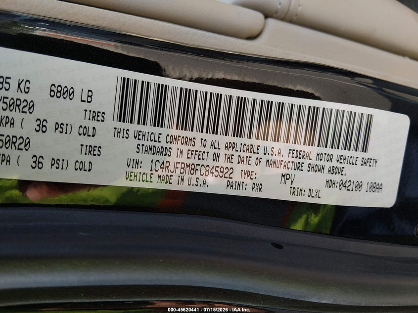 2015 Jeep Grand cherokee VIN 1C4RJFBM8FC845922 IAAI salvage auction — NORMAL WEAR, Clear (North Carolina), sold $1,850 on 2026-07-19 (photo 9)