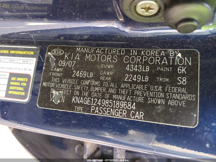2008 Kia Optima VIN KNAGE124985189684 IAAI salvage auction — LEFT & RIGHT, Bill Of Sale (New York), sold $25 on 2026-07-28 (photo 9)