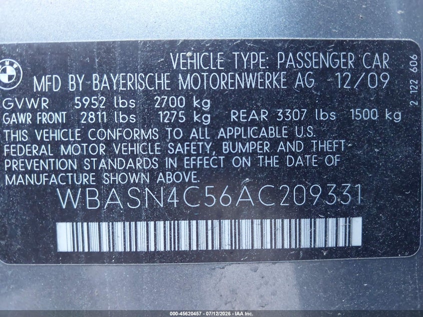 2010 BMW 5 series VIN WBASN4C56AC209331 IAAI salvage auction — REAR END, Bill Of Sale (New York), sold $25 on 2026-07-28 (photo 9)