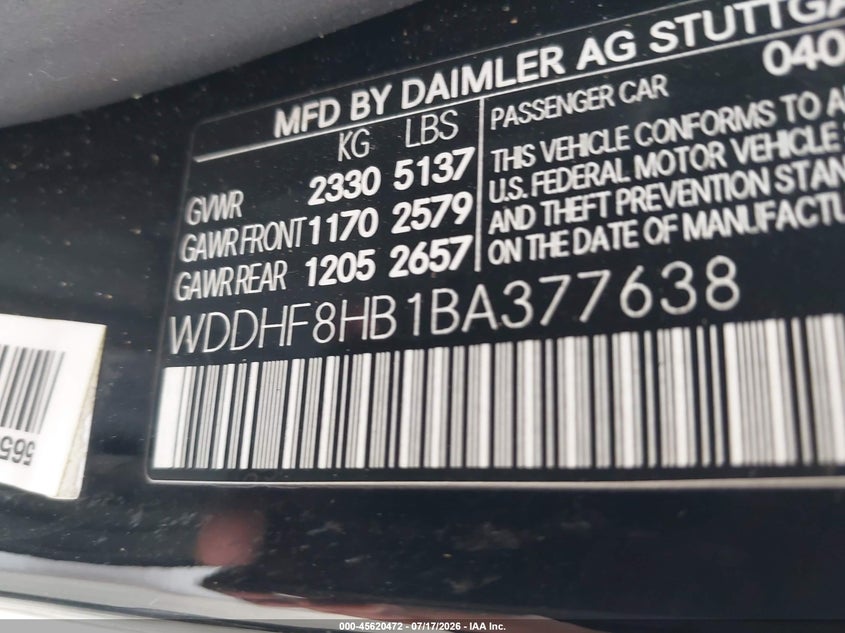 2011 Mercedes-benz E-class VIN WDDHF8HB1BA377638 IAAI salvage auction — NORMAL WEAR, Original (Texas), sold $25 on 2026-07-27 (photo 9)