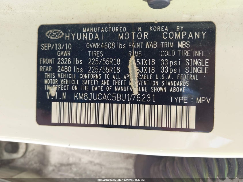 2011 Hyundai Tucson VIN KM8JUCAC5BU176231 IAAI salvage auction — NORMAL WEAR, Clear (Illinois), sold $1,775 on 2026-07-22 (photo 9)