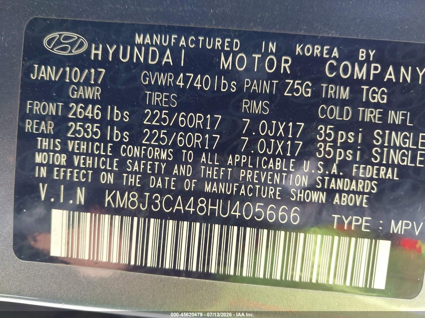 2017 Hyundai Tucson VIN KM8J3CA48HU405666 IAAI salvage auction — NORMAL WEAR, Clear (New Jersey), sold $2,900 on 2026-07-21 (photo 9)