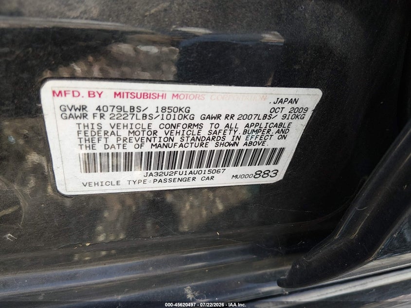 2010 Mitsubishi Lancer VIN JA32U2FU1AU015067 IAAI salvage auction — NORMAL WEAR, Clear (Arkansas), sold $50 on 2026-07-30 (photo 9)