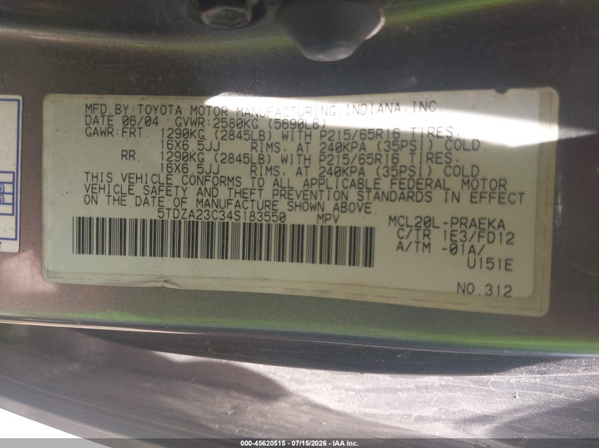 2004 Toyota Sienna VIN 5TDZA23C34S183550 IAAI salvage auction — NORMAL WEAR, Clear (Missouri), sold $25 on 2026-07-29 (photo 9)