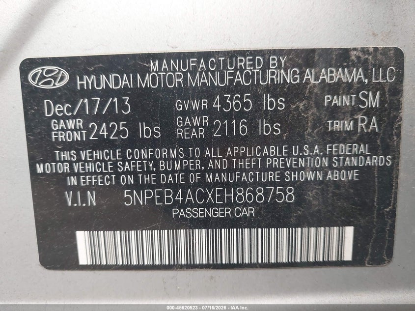 2014 Hyundai Sonata VIN 5NPEB4ACXEH868758 IAAI salvage auction — NORMAL WEAR, Clear (Pennsylvania), sold $375 on 2026-07-28 (photo 9)